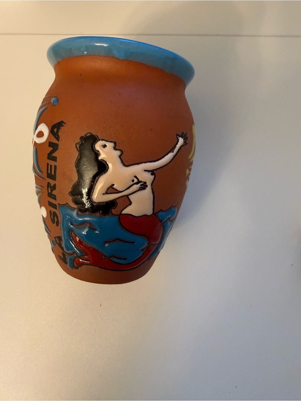 La Sirena Loteria Mexican Clay Cantarito Cup Hand Painted Mermaid Barware